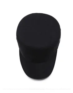 Top-down view of black cotton cadet cap showing peak curve and SPORT embroidery