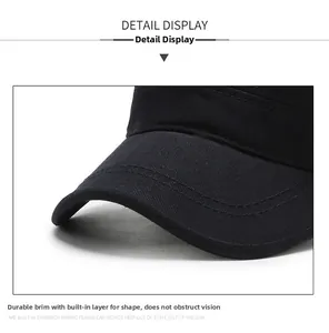 Detail of durable black cotton cap brim with reinforced double stitching for outdoor sun protection