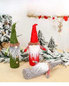 Christmas gnome wine bottle covers set with faux fur beard and striped sleeves detail