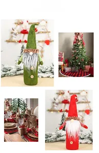 Detail of Christmas gnome wine bottle covers in festive red and green holiday scene