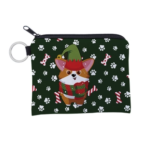 Detail of Christmas Corgi coin purse with waterproof fabric and metal key ring loop