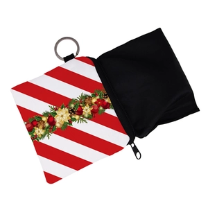 Detail of Christmas coin purse with red stripes, holiday wreath, and metal hanging ring