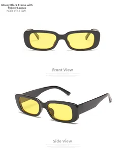 Detail view of rectangular black frame sunglasses with vibrant yellow transparent lenses
