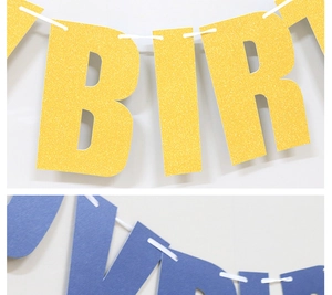 Close-up of yellow glitter and blue cardstock Happy Birthday banner letters detail
