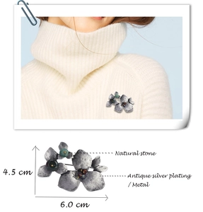 Detail view of vintage flower brooch with natural stone and antique silver plating dimensions