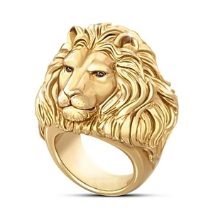 Lion Head Ring Copper Gold Plated Hip Hop Rhinestone Inlaid Bold Animal Jewelry For Men