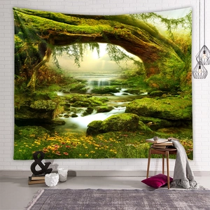Bohemian forest waterfall landscape tapestry for interior wall decoration and home background