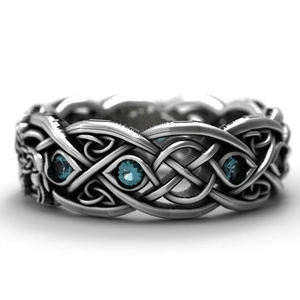 Retro silver Celtic knot ring with three round dark blue stones for men street style