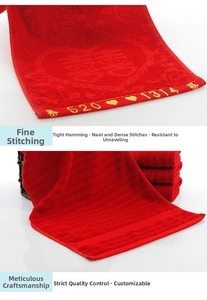 Detail of red wedding towel with 520 1314 golden embroidery and precise stitching