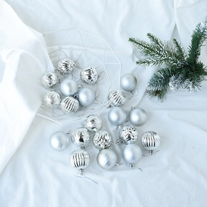 Detailed view of silver Christmas baubles with varied textures in a decorative basket