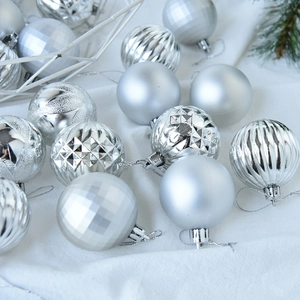 Detail of silver Christmas balls with matte and textured finishes on a white fabric base