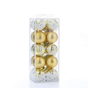 Golden Christmas tree ornaments set in transparent box with matte and glitter finishes