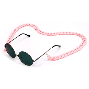 Detailed close-up of pink acrylic chunky chain accessory on black lens sunglasses