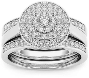 Set di tre anelli da sposa placcati oro 18K con scintillanti zirconi tondi e halo