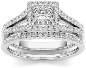 Set anello di fidanzamento in argento con halo quadrato e zirconi taglio princess