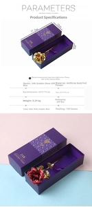 Detailed view of 24K gold foil rose gift box showing precise 27.5x10x6cm dimensions