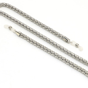 Detail of 6mm silver beaded metal eyewear chain with adjustable silicone anti-slip ends