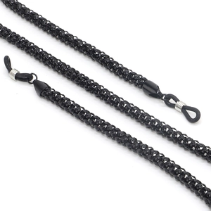 Detail of 6mm black braided metal eyeglass chain with silver adjustable spring and rubber loop