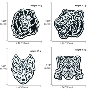 Detailed size chart for geometric lion, tiger, wolf and leopard animal brooches with weights