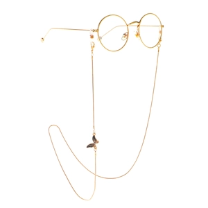 Golden 1.2mm eyewear chain featuring an elegant dark butterfly charm on a slim metal snake link