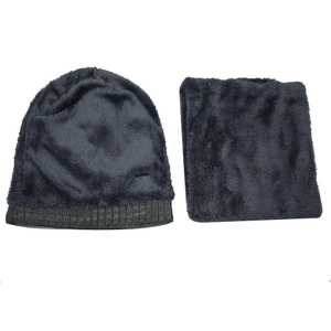 Winter knitted beanie and neck warmer set with thick faux fur lining in dark grey