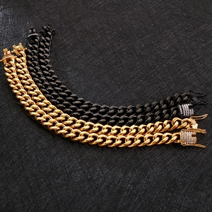 Polished cuban link bracelets for men with diamond-encrusted clasps in gold and black
