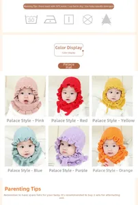 Detailed grid of knitted baby hats with ruffled edges in six vibrant colors