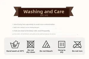 Care guide for cotton baby hats showing washing symbols and detailed fabric maintenance