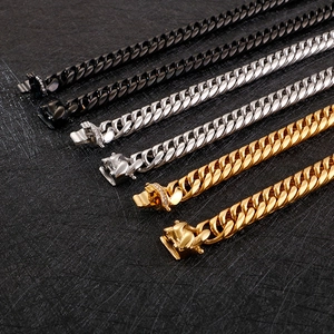 Polished stainless steel Cuban chain bracelets in black, gold, and silver finishes