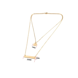 Double layer gold stainless steel necklace with round disc and rectangular bar pendants