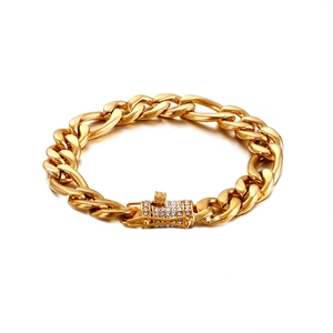 Polished 18K gold plated stainless steel Cuban link bracelet with iced-out pave clasp