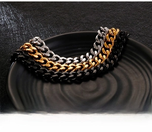Detailed close-up of Cuban link bracelets in gold, silver, and black stainless steel colors