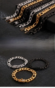 Detailed view of Cuban link bracelets in gold, silver and black with cubic zirconia clasp