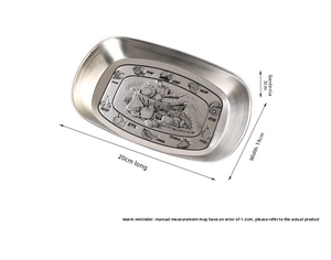 Detail view of vintage silver tin tray featuring embossed fruit patterns and size dimensions