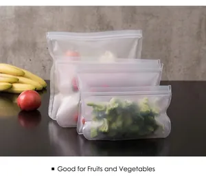 Set of reusable EVA food storage bags in various sizes filled with fresh produce