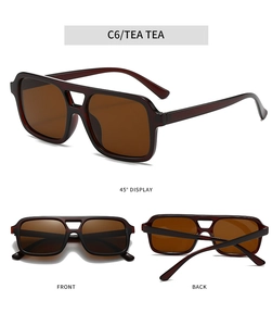 Detailed multi-angle view of vintage square double-bridge tea sunglasses with retro PC frame
