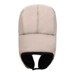 Winter thermal beige aviator hat with thick black faux fur lining and chin buckle