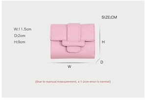 Detailed size chart for pink tri-fold wallet showing dimensions 11.5cm x 9cm x 2cm