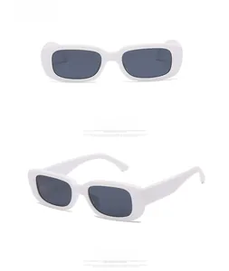Front and side views of stylish white rectangular sunglasses with dark grey lenses