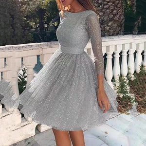 Sexy silver sequin mini dress with long sleeves and round neck shown on a female model