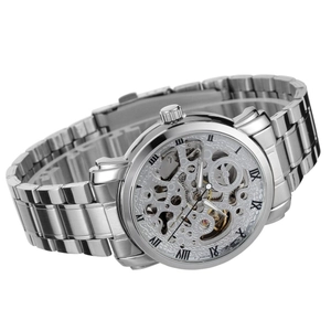 Men's automatic mechanical skeleton watch in silver stainless steel with Roman numerals