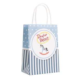 Blue and white polka dot kraft gift bag with vertical stripes and horse tag design