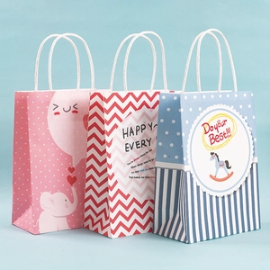 Cartoon kraft gift bags with handles featuring elephant, chevron, and rocking horse patterns