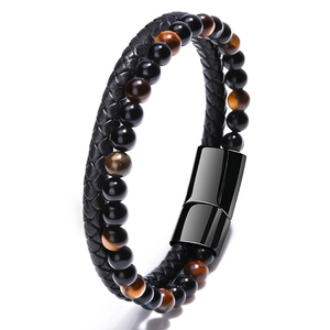 Men's double-layer leather bracelet with tiger eye beads and black magnetic clasp