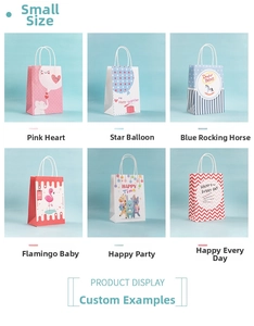 Detailed grid of six cartoon kraft paper gift bags with colorful patterns and white handles