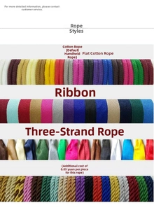 Close-up showing colorful handle options like cotton rope, flat ribbon, and twisted cord