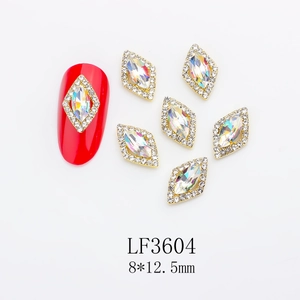 Rhombus nail art crystal with red aurora gem and gold alloy base for bridal nails