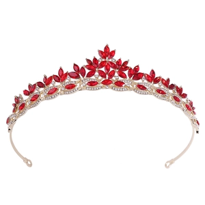 Elegant gold leaf bridal crown featuring red marquise crystals and clear rhinestones