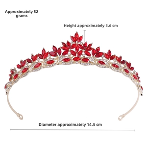 Detail view of gold leaf tiara with red crystals, weighing 52g and measuring 14.5cm in diameter