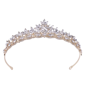 Elegant gold bridal crown with crystal leaf patterns and rhinestones on a white background